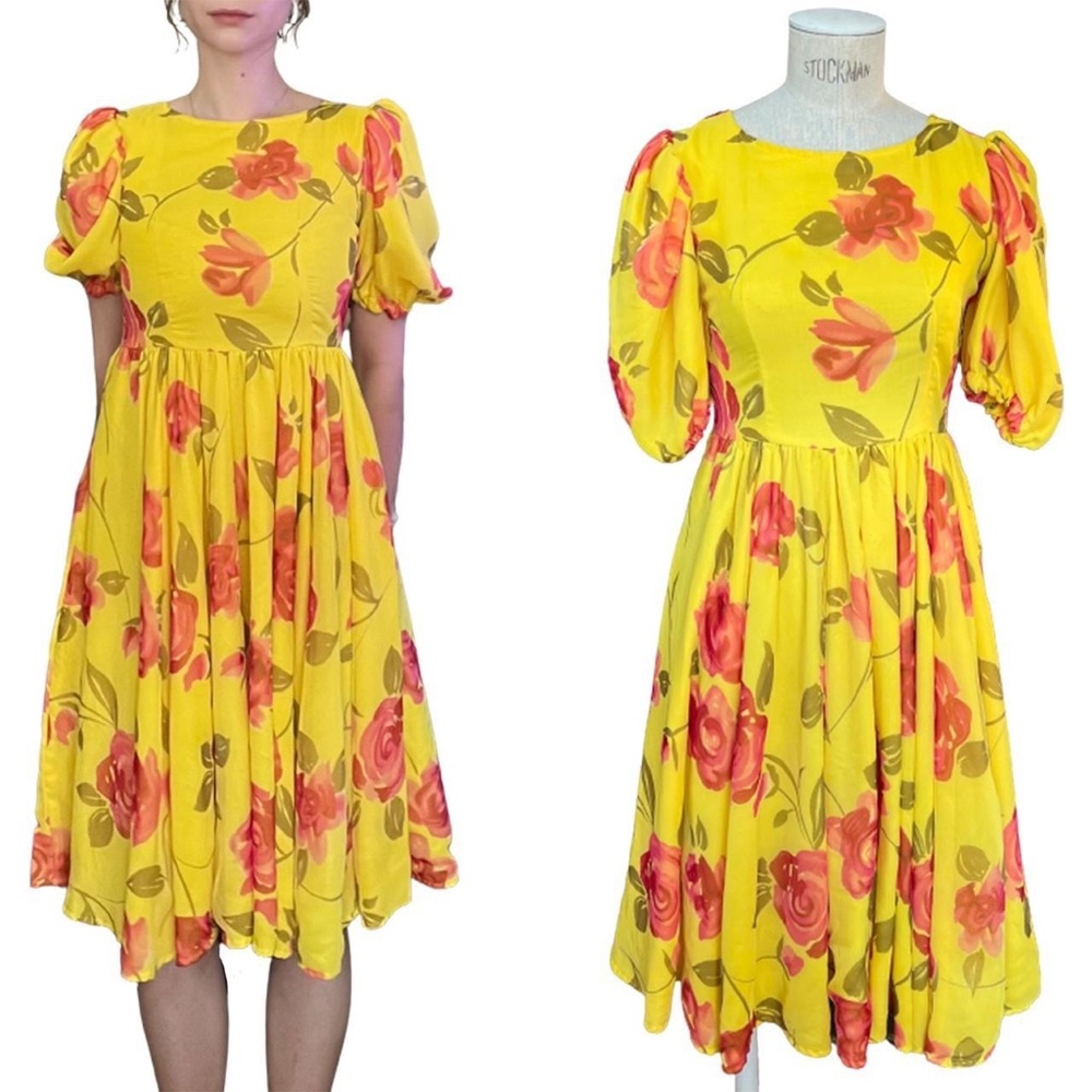 SOLD Vintage 70’s Chiffon Puff Sleeve Fairy Tea Dress Yellow Pink Groovy
